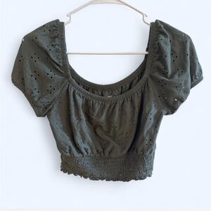 Hollister Dark Green Eyelet Puff Sleeve Blouse